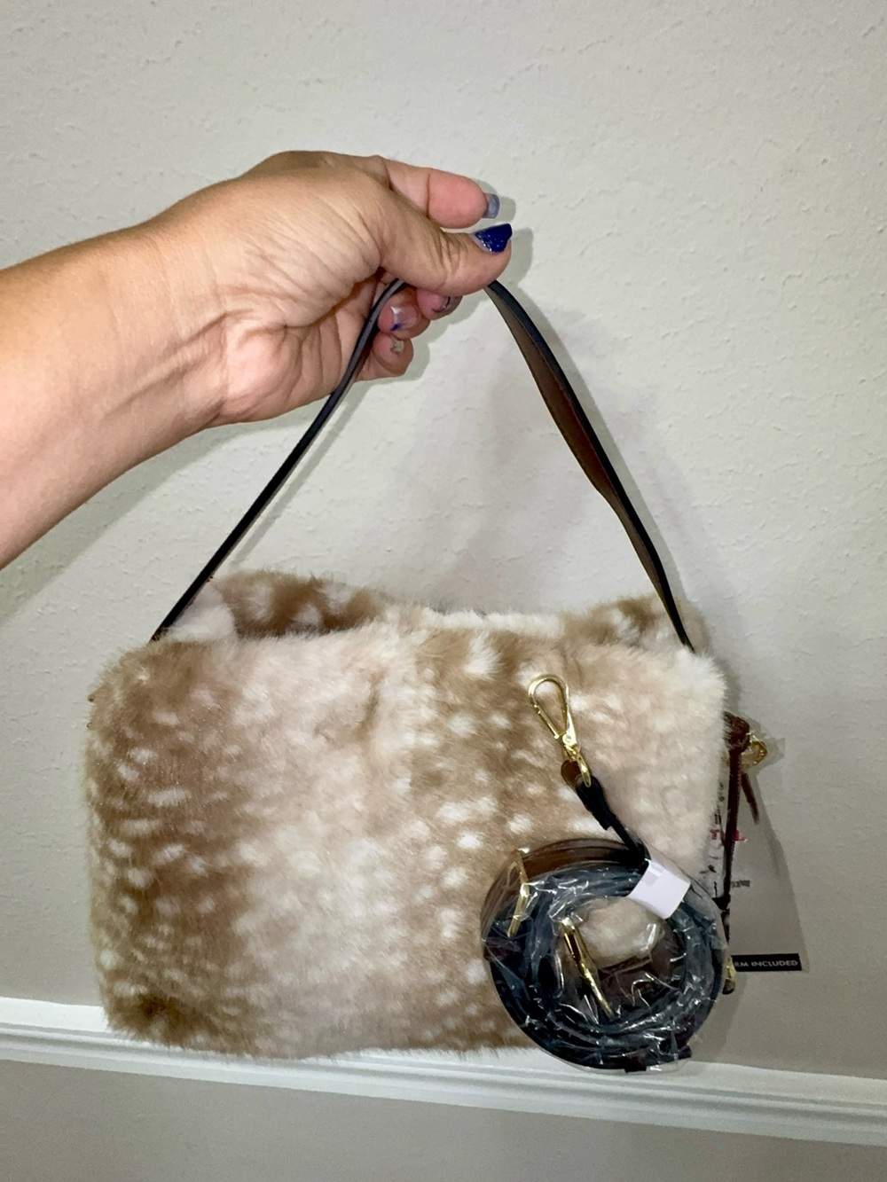 BCBGeneration Faux Fur Shoulder Bag in Cream and Tan